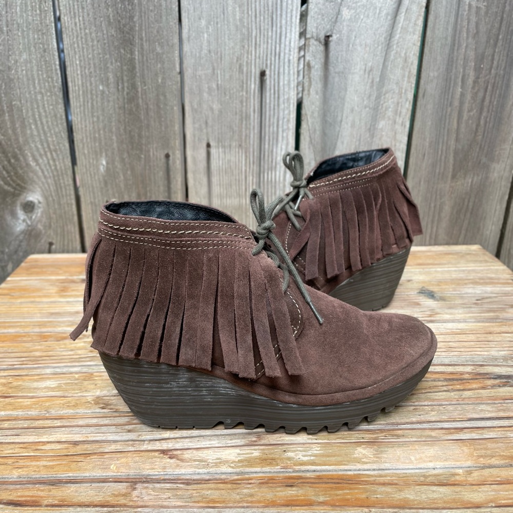Fly London Yank Brown Suede Leather Fringe Booties Size EUR 39